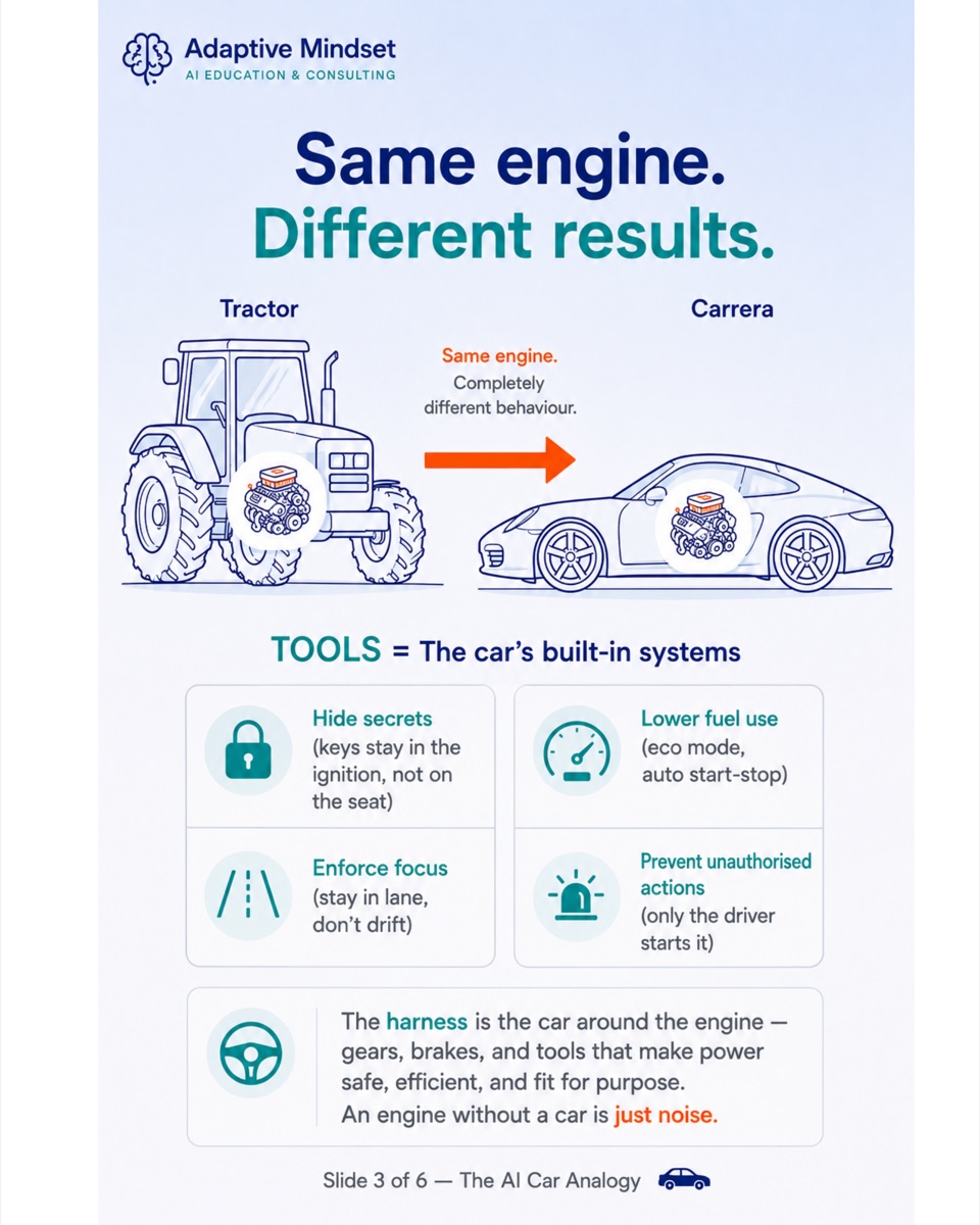 Same engine, different results — the harness is the car around the engine.